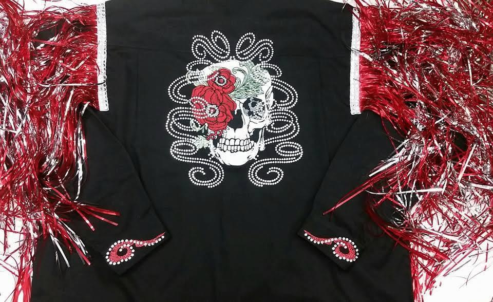 Embroidered clothing with skull and flower design