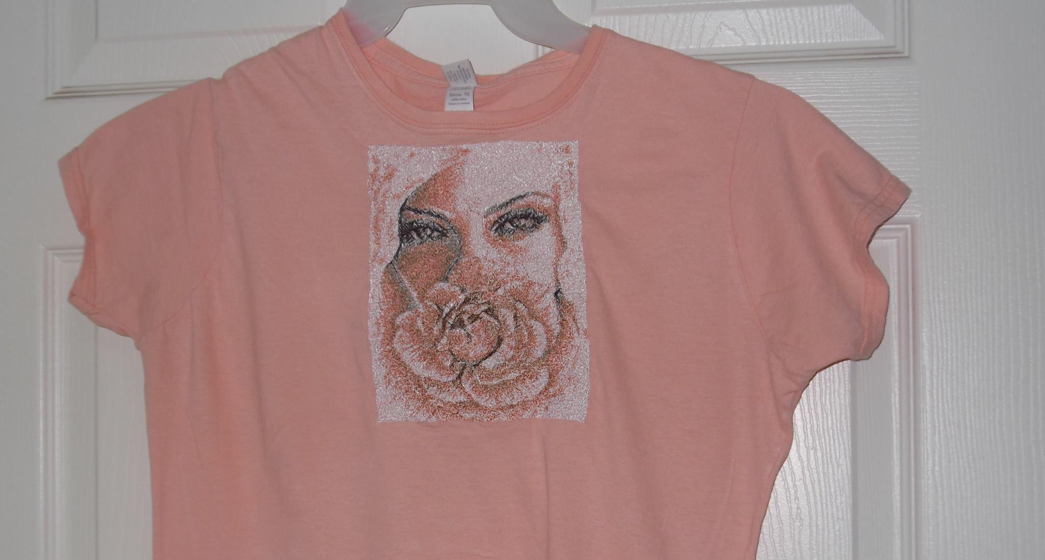 Embroidered t-shirt with woman and rose free design