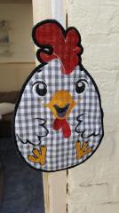 Embroidered potholder with funny chicken free applique design