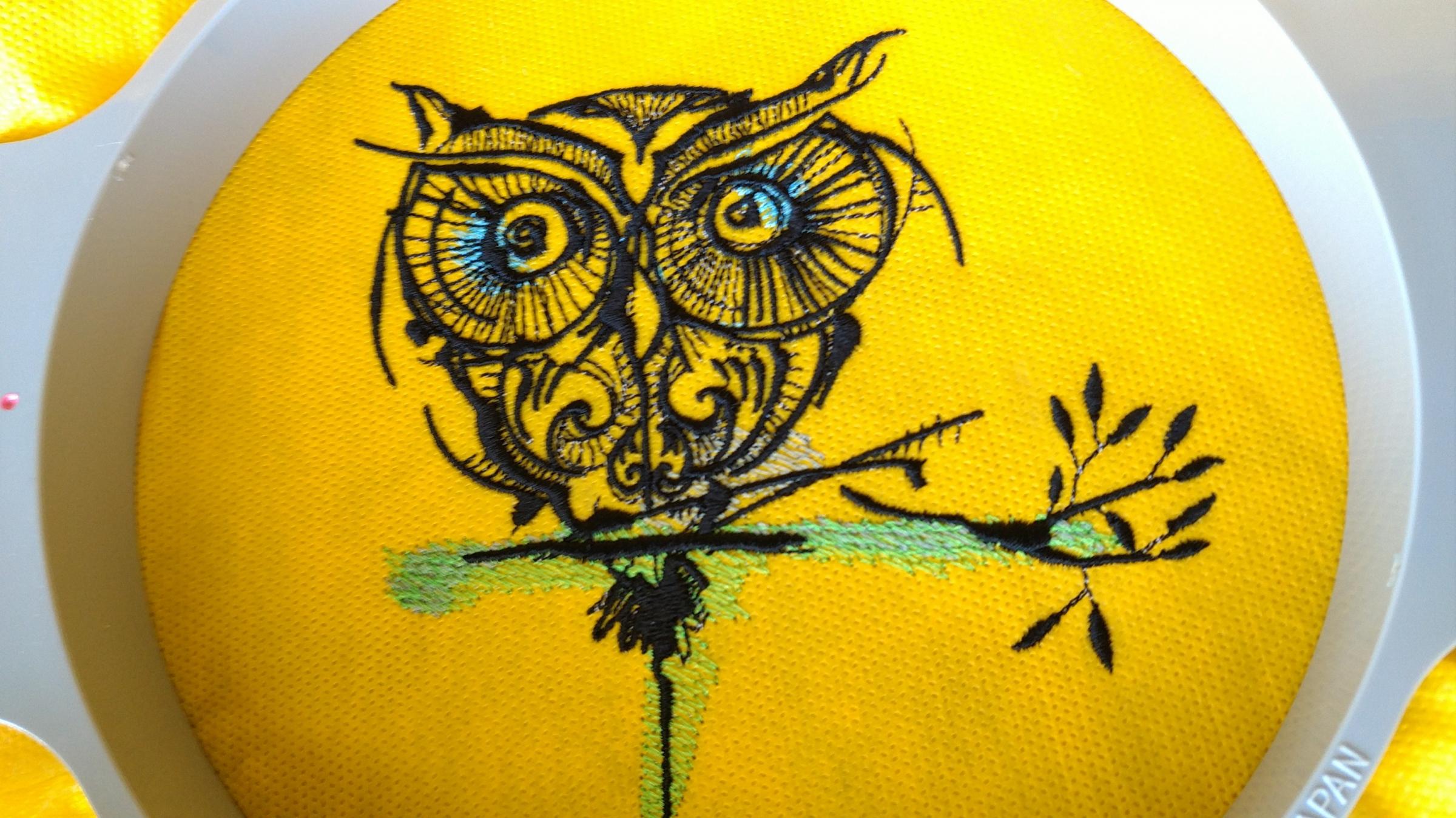 Big eyes owl embroidery design in progress