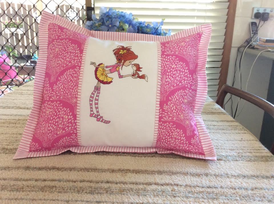 Embroidered cushion with Girl and squirrel design