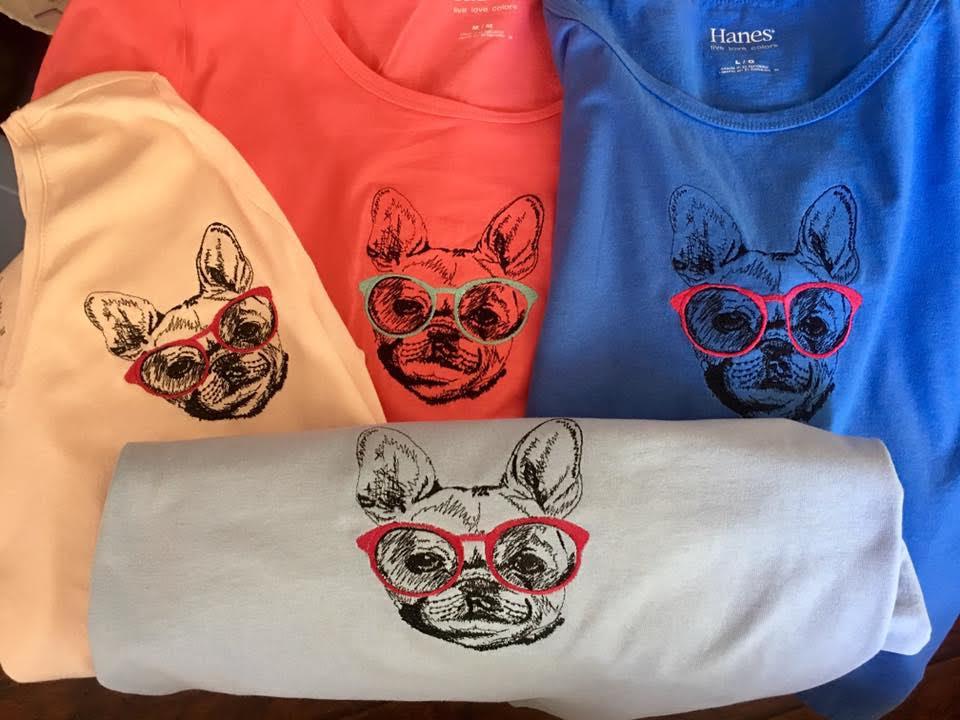 Embroidered t-shirts with dog in glasses design