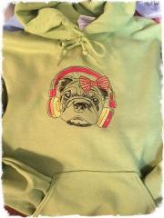 Embroidered hoodie with dog in headphones design