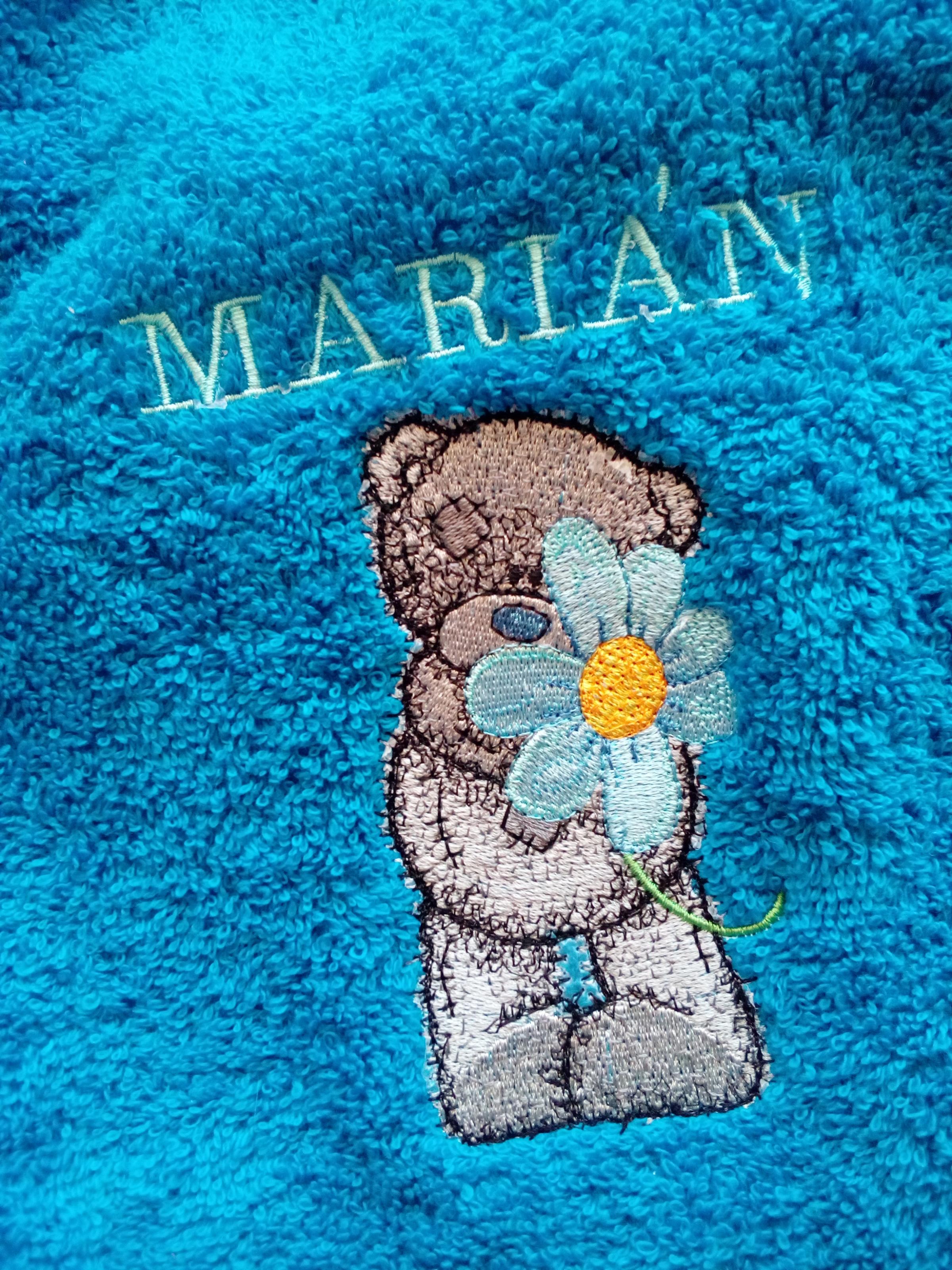 Embroidered towel with Teddy bear and flower design