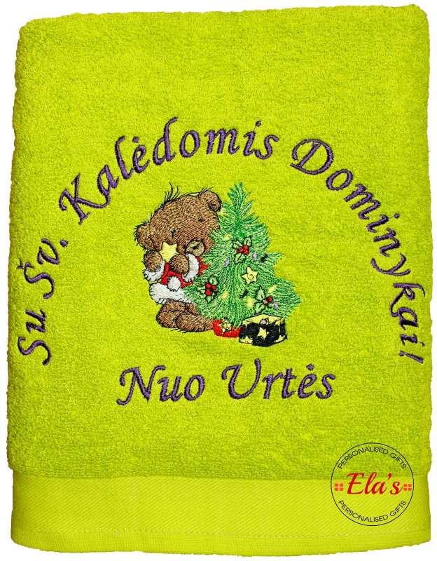 Embroidered towel  with Teddy bear decorating Christmas tree design