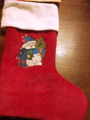Embroidered Christmas sock with Snowman and tree design