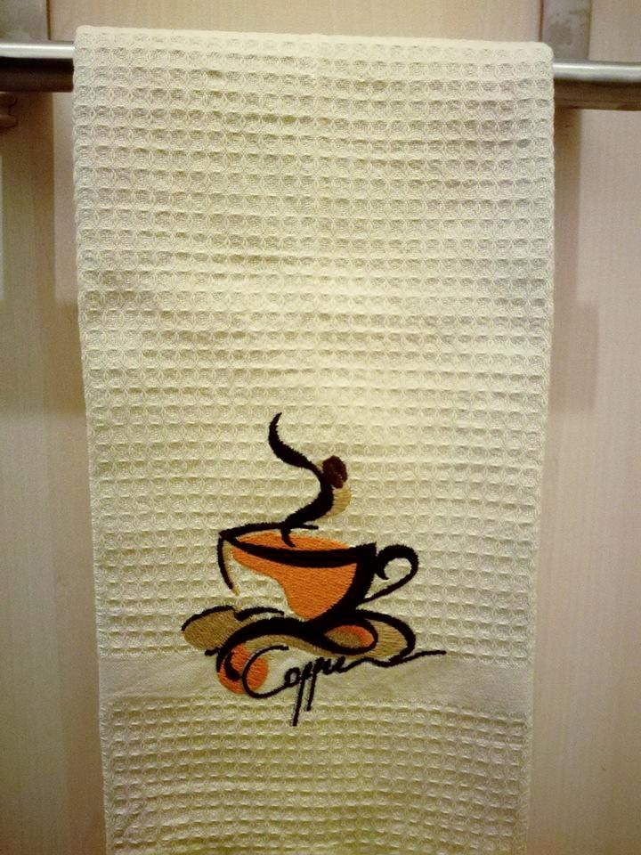 Embroidered kitchen towel with coffee cup free design