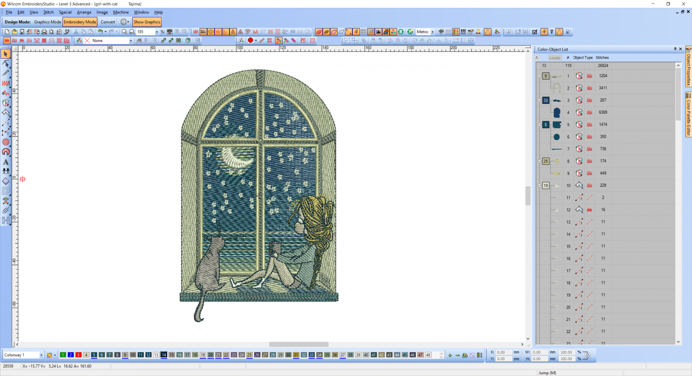 Girl, cat, moon and night romantic embroidery design preview