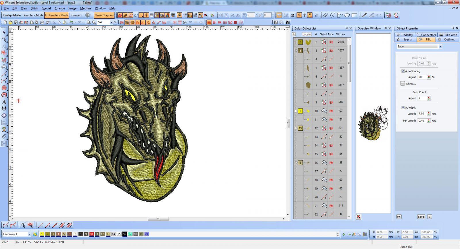 Dragon embroidery design screen shot from Wilcom software