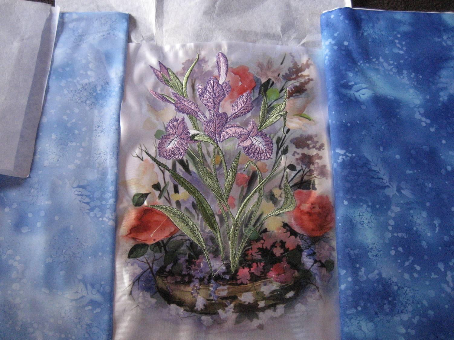 Big iris embroidery with printed background