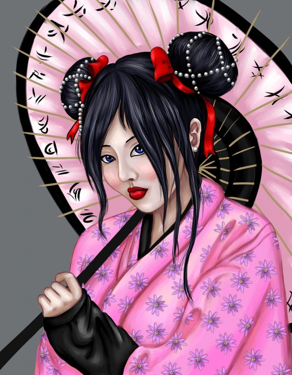 Geisha with umbrella art for embroidery design