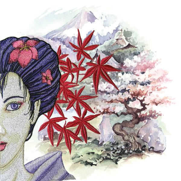 Geisha embroidery and oriental background