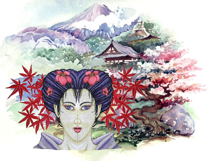 Japanese background for Geisha embroidery