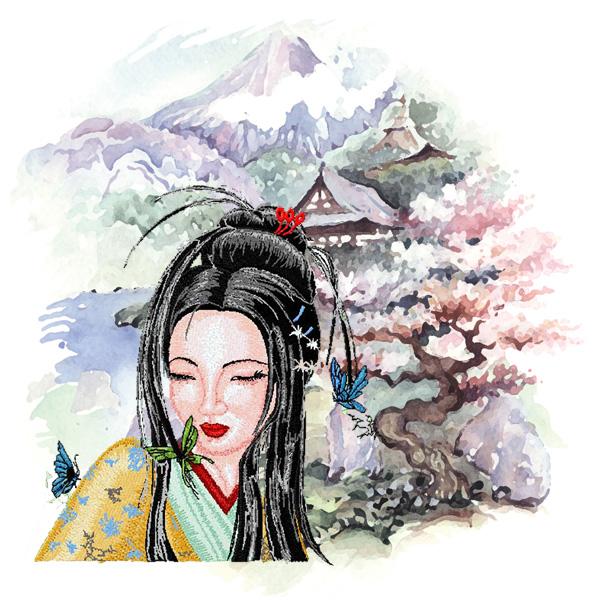 Geisha embroidery with printed background