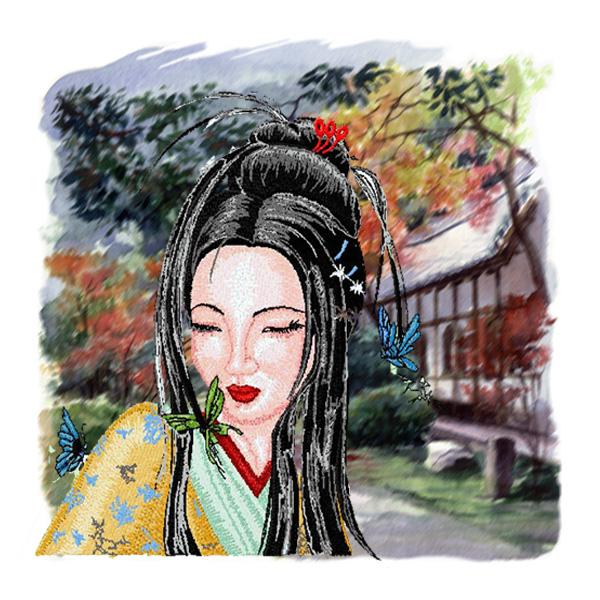 Geisha with butterfly embroidery with background print