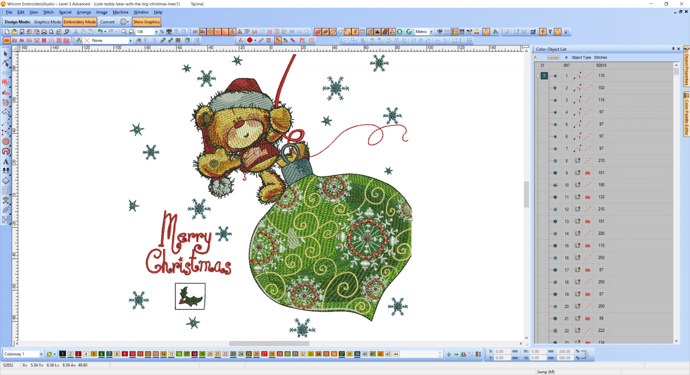 Teddy Bear Christmas time embroidery design preview in software