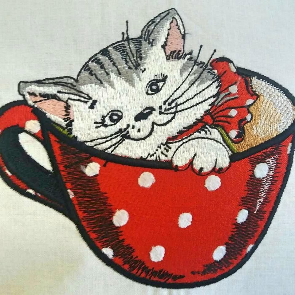 Cat in cup embroidery design