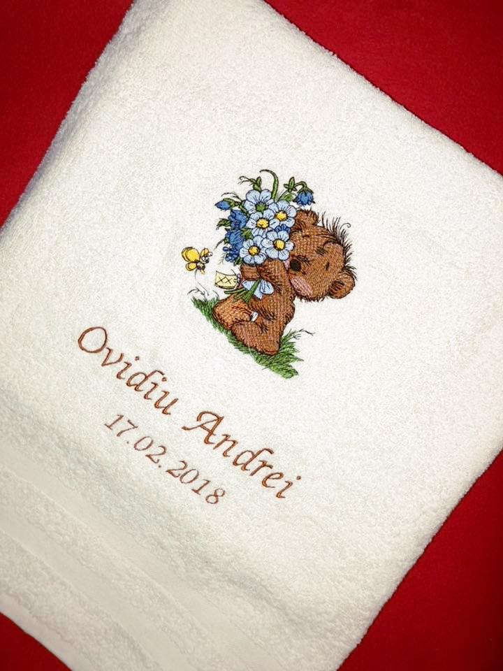 Embroidered towel bear with big bouquet