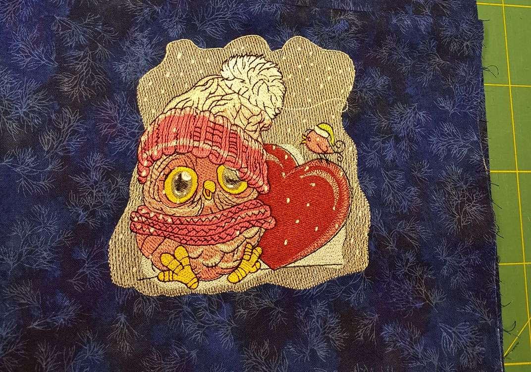 Owl and red heart embroidery design