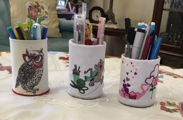 Glass for pencils with polar owl in red glasses embroidery design