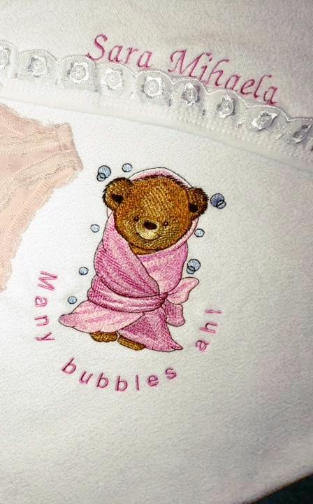 Teddy bear in bath towel embroidery design