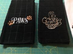 Embroidered kitchen towels with paws and coffee free designs