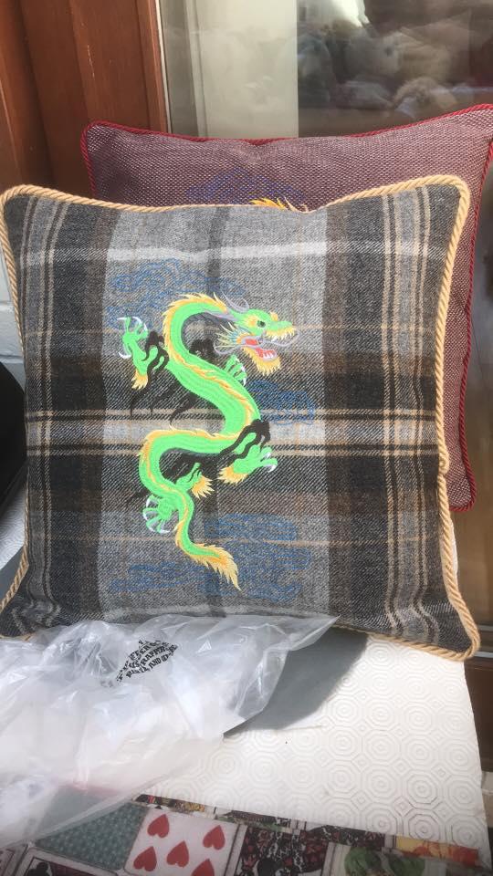 Embroidered cushion with green dragon free design