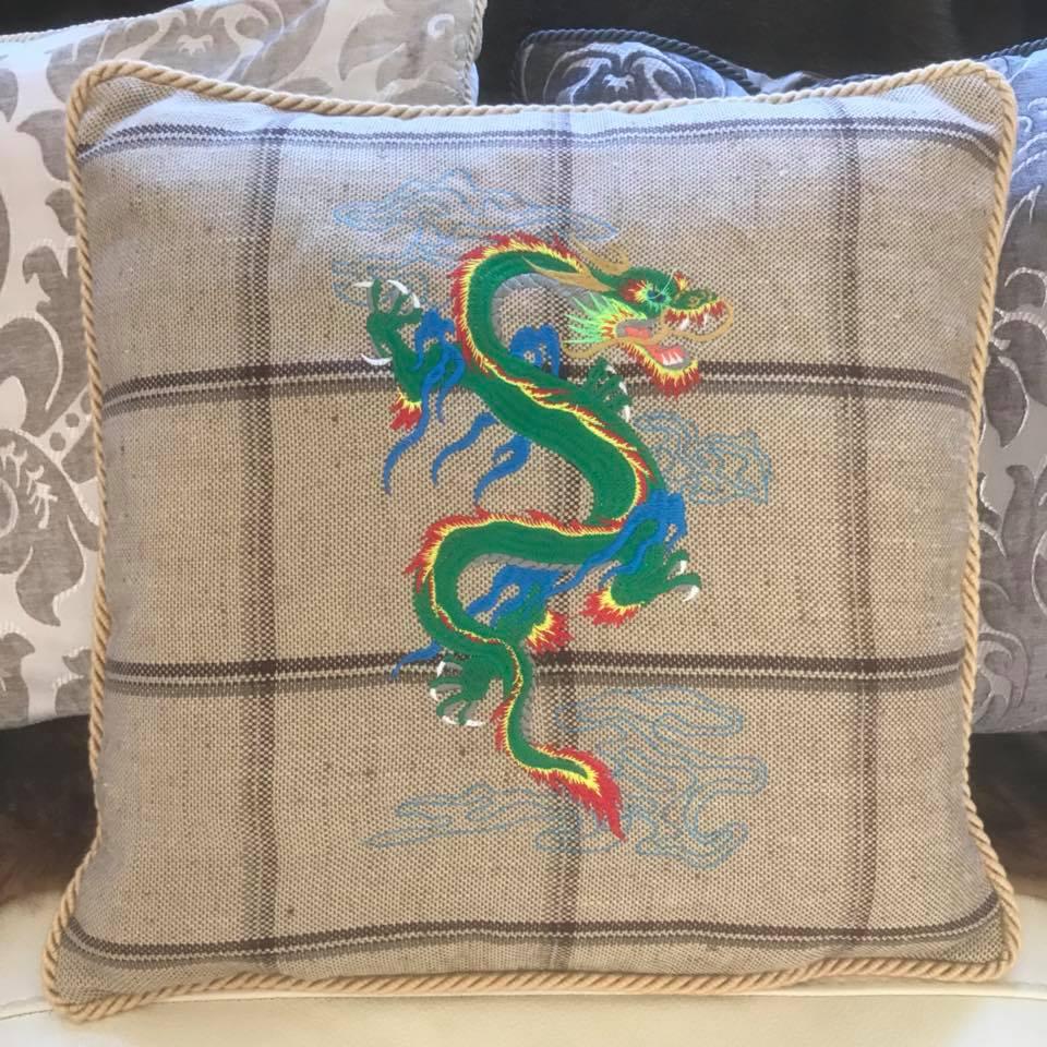 Embroidered pillow green with dragon free design