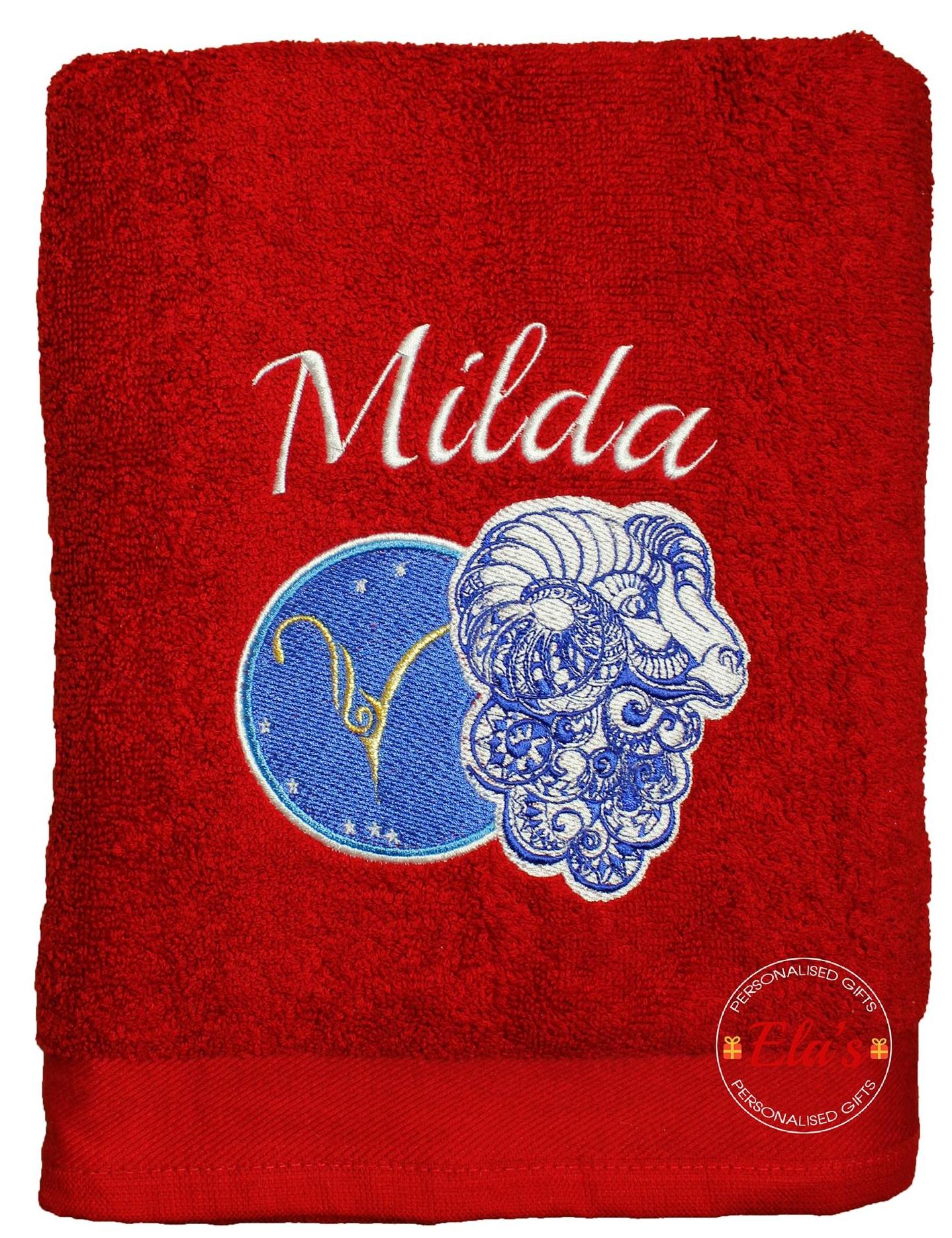 Embroidered towel with Aries zodiac sign design