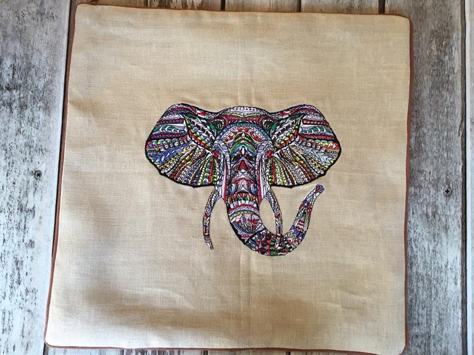 Embroidered pillowcase with mosaic elephant design