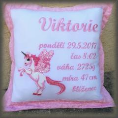 Embroidered cushion with pink unicorn design