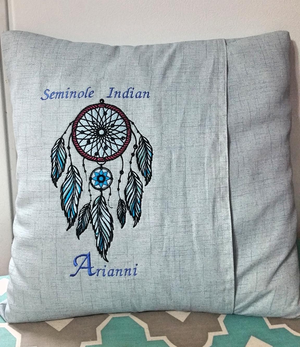 Embroidered cushion with Seminole dreamcatcher design