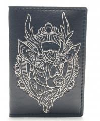 Embroidered document cover with deer head design