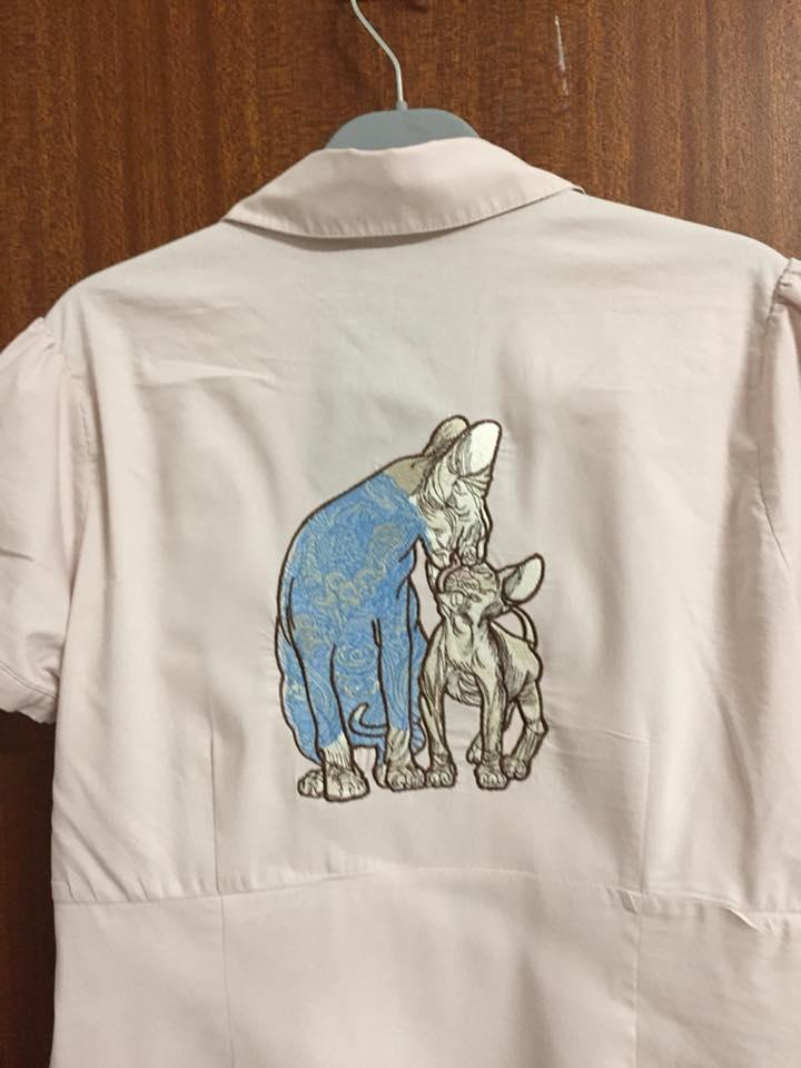 Embroidered blouse with Sphynx cats embroidery design