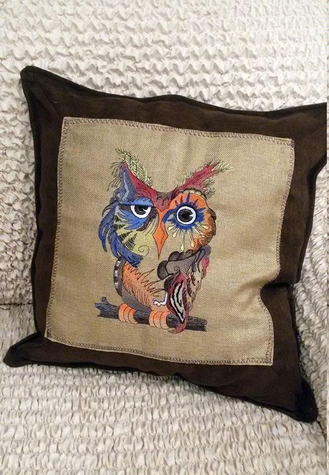 Embroidered cushion with Colorful owl design