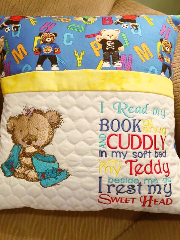 Embroidered cushion with Teddy bear after bath design