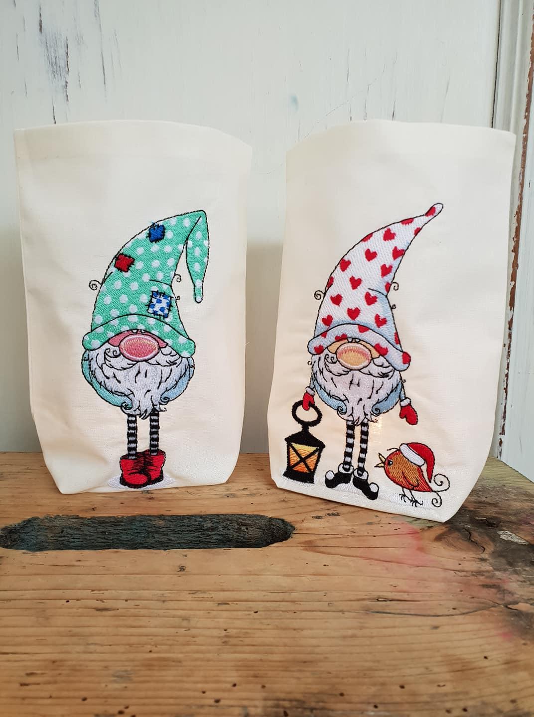 Embroidered gift bags with Gnomes design