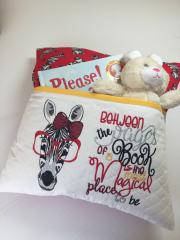 Embroidered cushion with Zebra in glasses free embroidery design