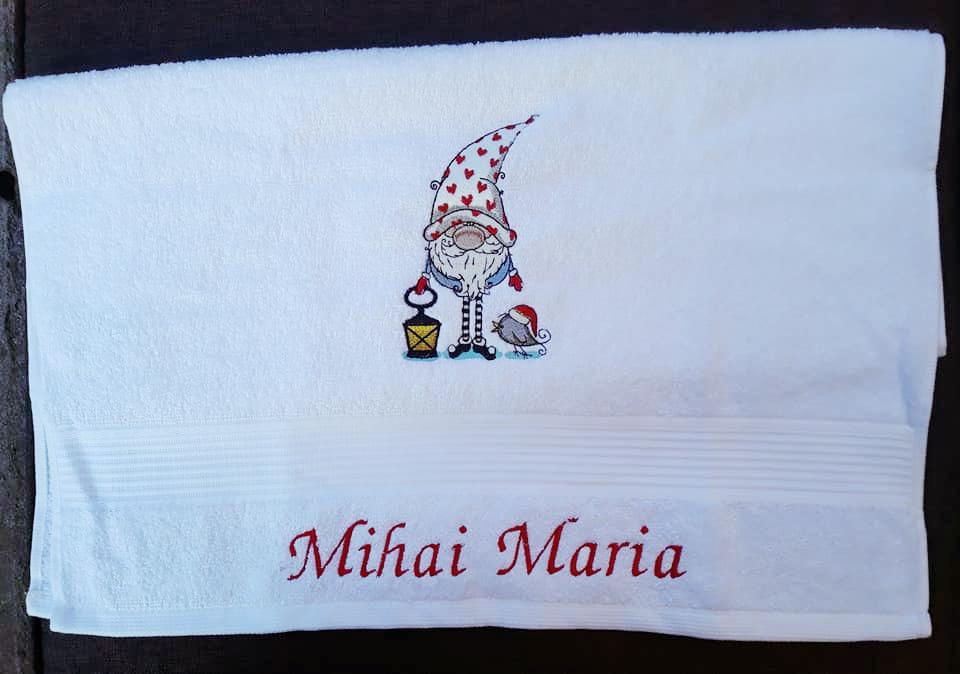Embroidered towel with Gnome in cap design