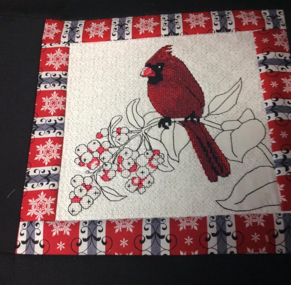 Pillow with Christmas bird cross stitch free embroidery design