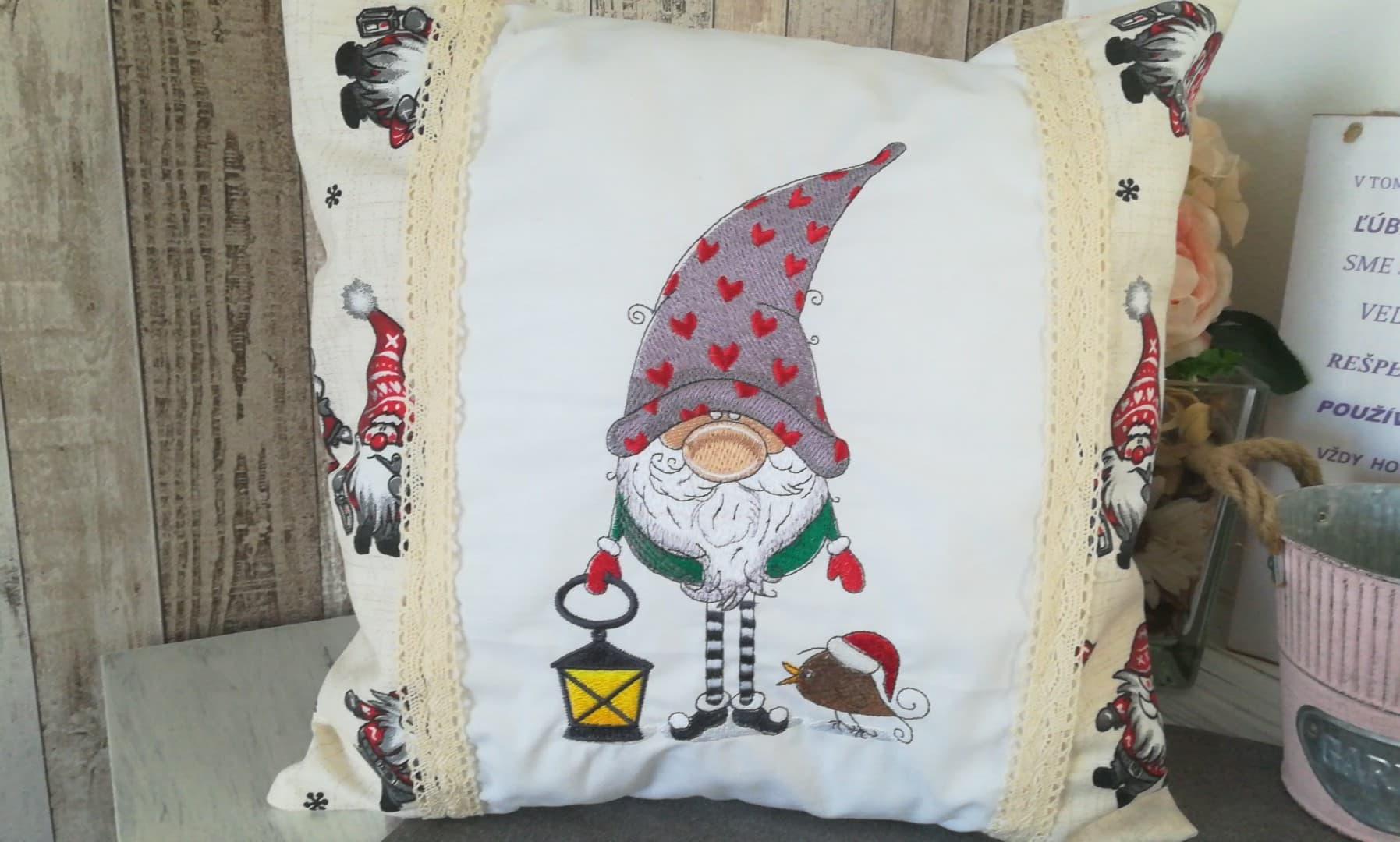 Embroidered cushion with Gnome in phrygian cap design