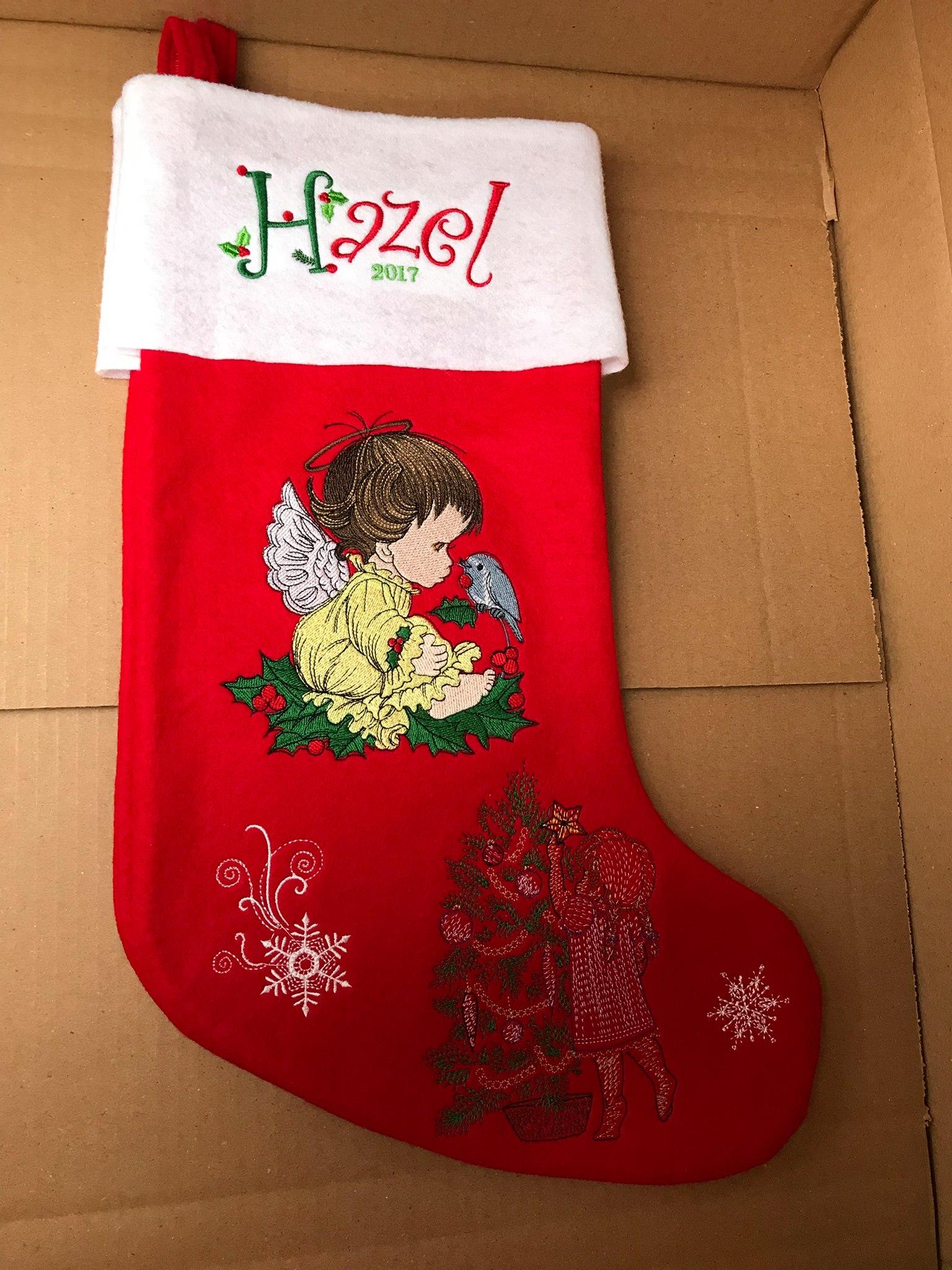 Embroidered sock with Christmas angel embroidery design
