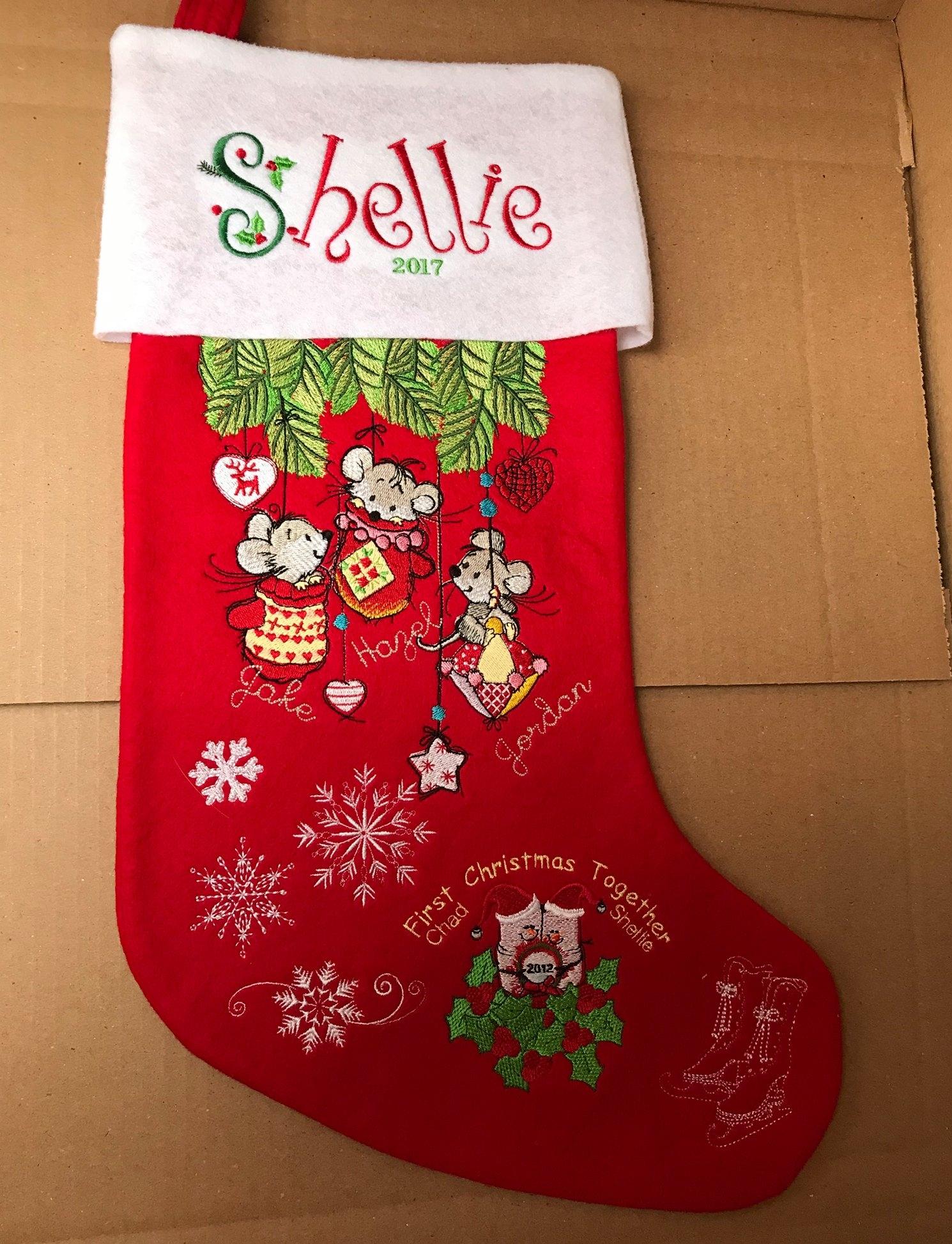 Embroidered sock with Christmas mice design
