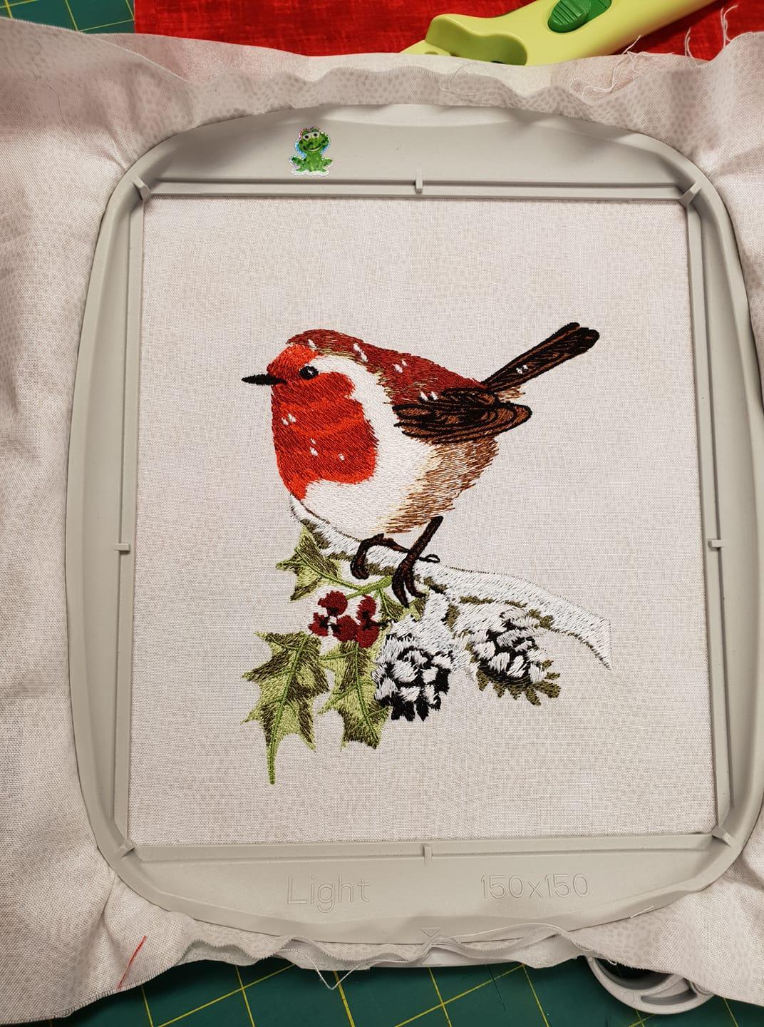 In hoop Robin on holly branch embroidery design