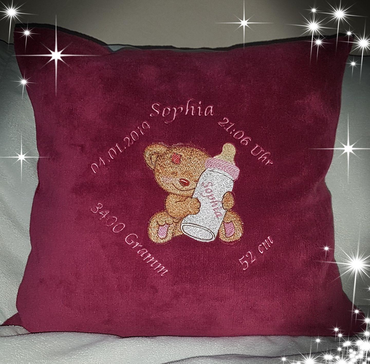 Embroidered cushion with Little bear and bottle design