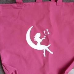 Textile Bag with Fairy Sitting on a Crescent Moon Embroidery design