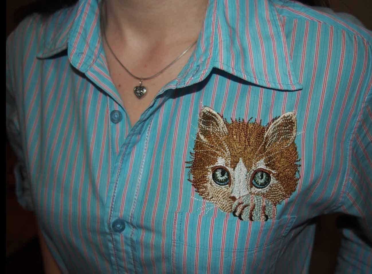 Woman shirt with kitty free embroidery design