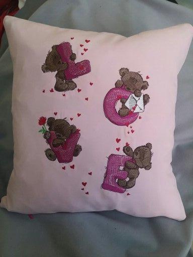 Embroidered cushion with Bears and letters design