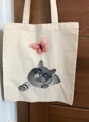 Whimsy Side: Cat and Butterfly Embroidery Designs Cotton Shopping Bag