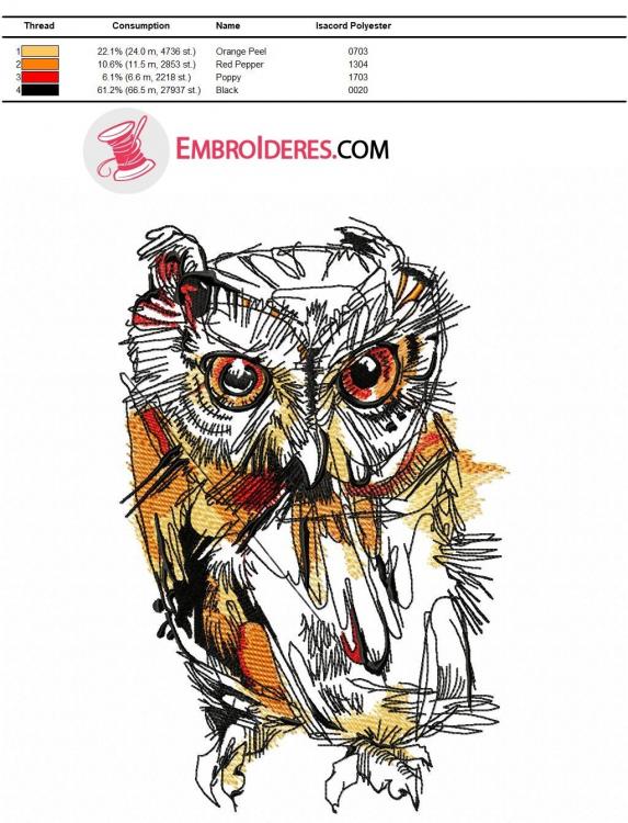 Color chart wild owl Isacord polyester color chart table